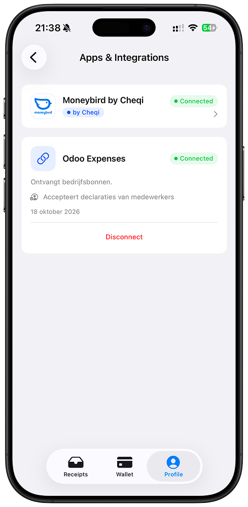 Cheqi Apps & Integrations showing connected Moneybird and Odoo Expenses integrations
